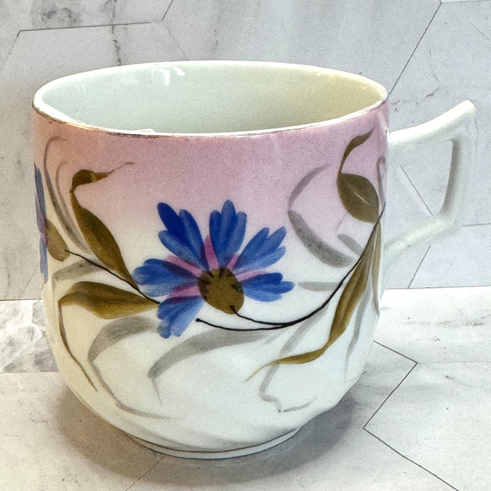 Hand Painted Mustache Guard Cup Vintage Victorian Floral Gilded Right Handed